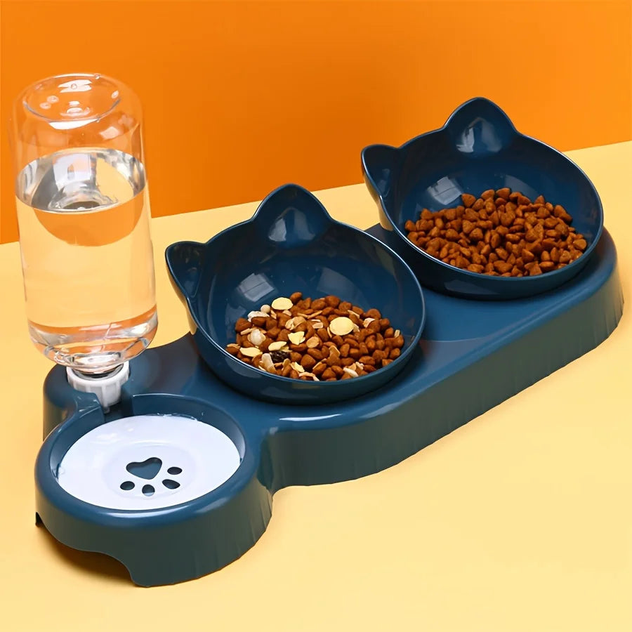 3-in-1 Cat Bowl Set – Tilted Food & Water Feeder