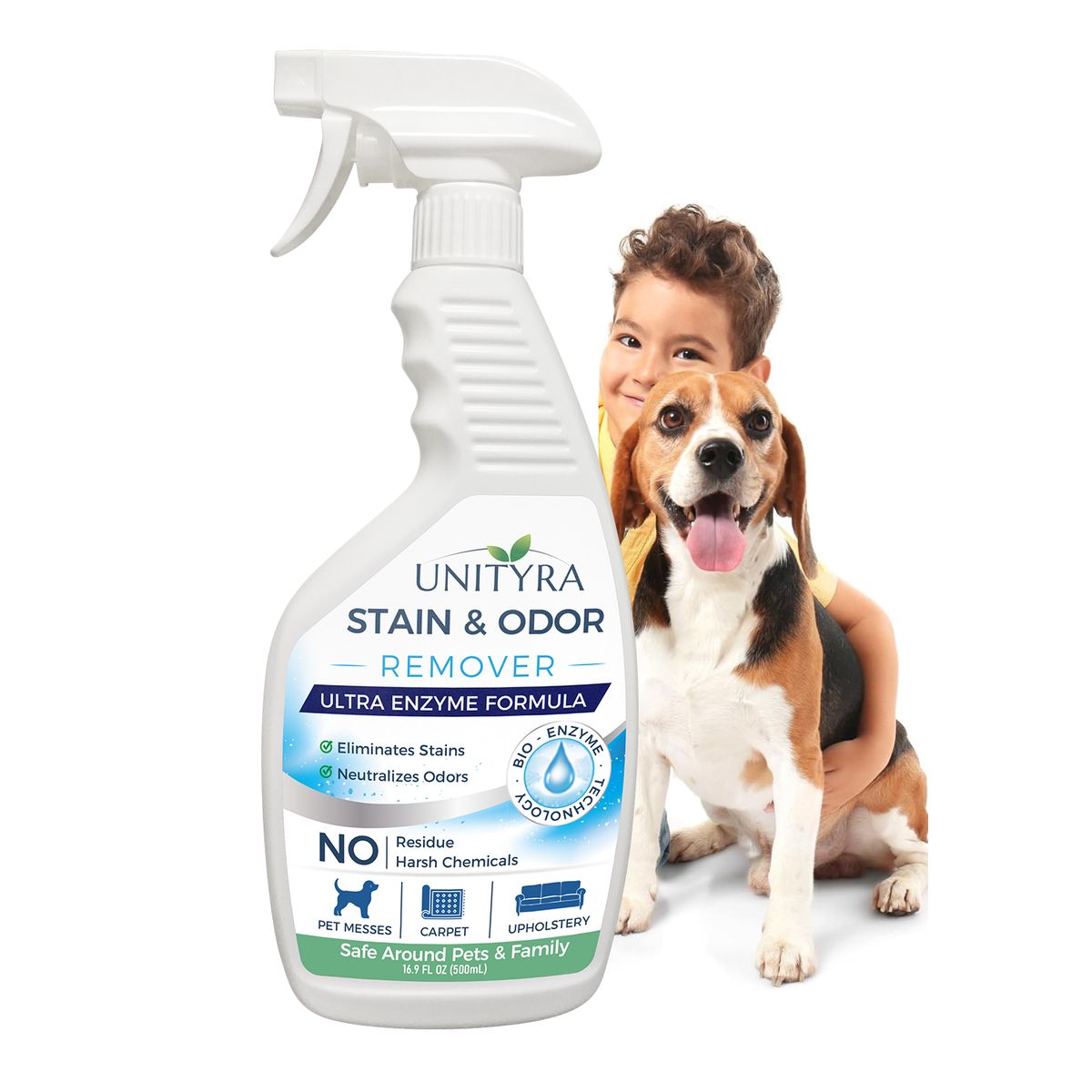 UNITYRA Enzymatic Pet Stain & Odor Remover Spray for Cats & Dogs, Removes Urine & Vomit, Multi-Surface Cleaner for Carpet, Sofa & Floor, No Harsh Chemicals, 500ml