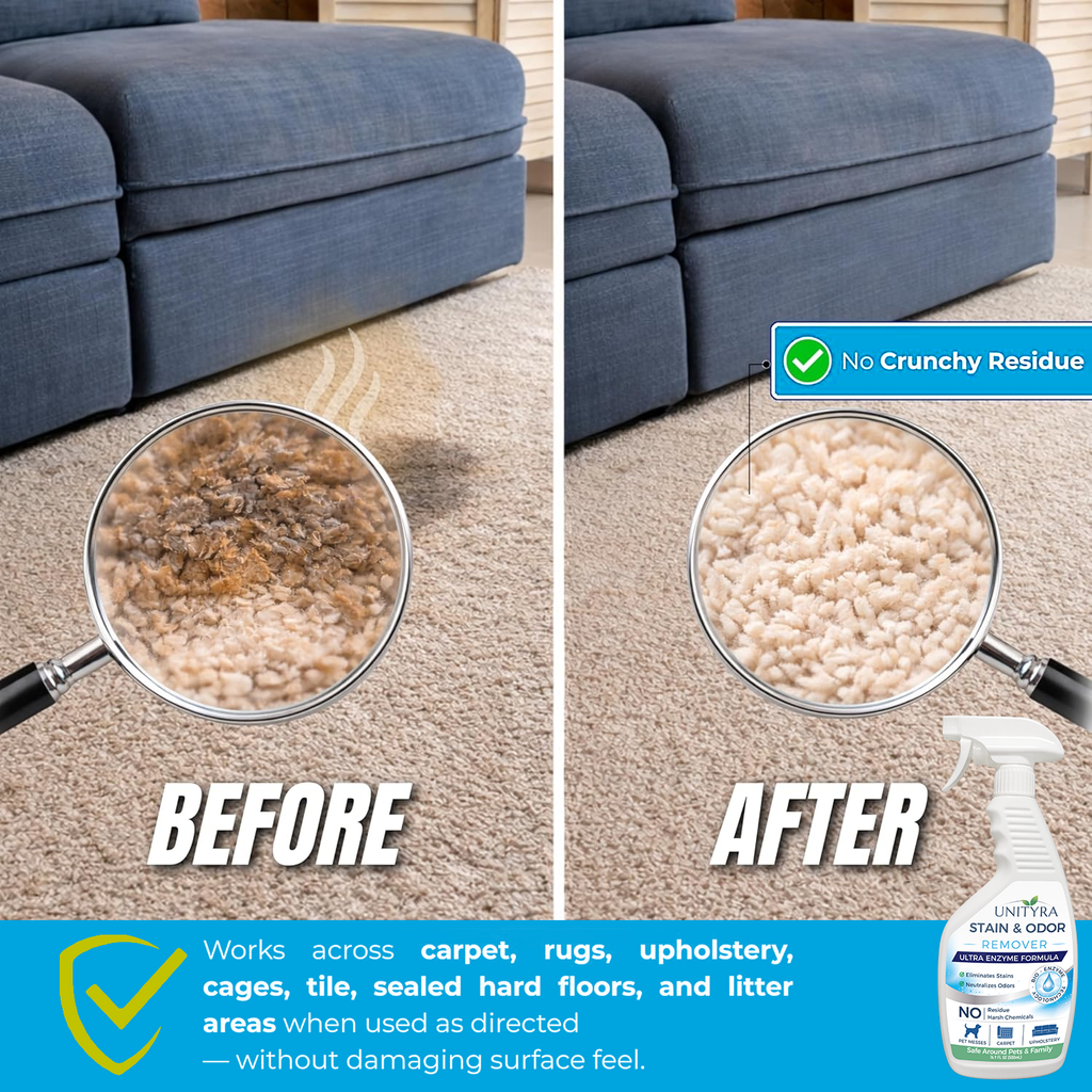 UNITYRA Enzymatic Pet Stain & Odor Remover Spray for Cats & Dogs, Removes Urine & Vomit, Multi-Surface Cleaner for Carpet, Sofa & Floor, No Harsh Chemicals, 500ml