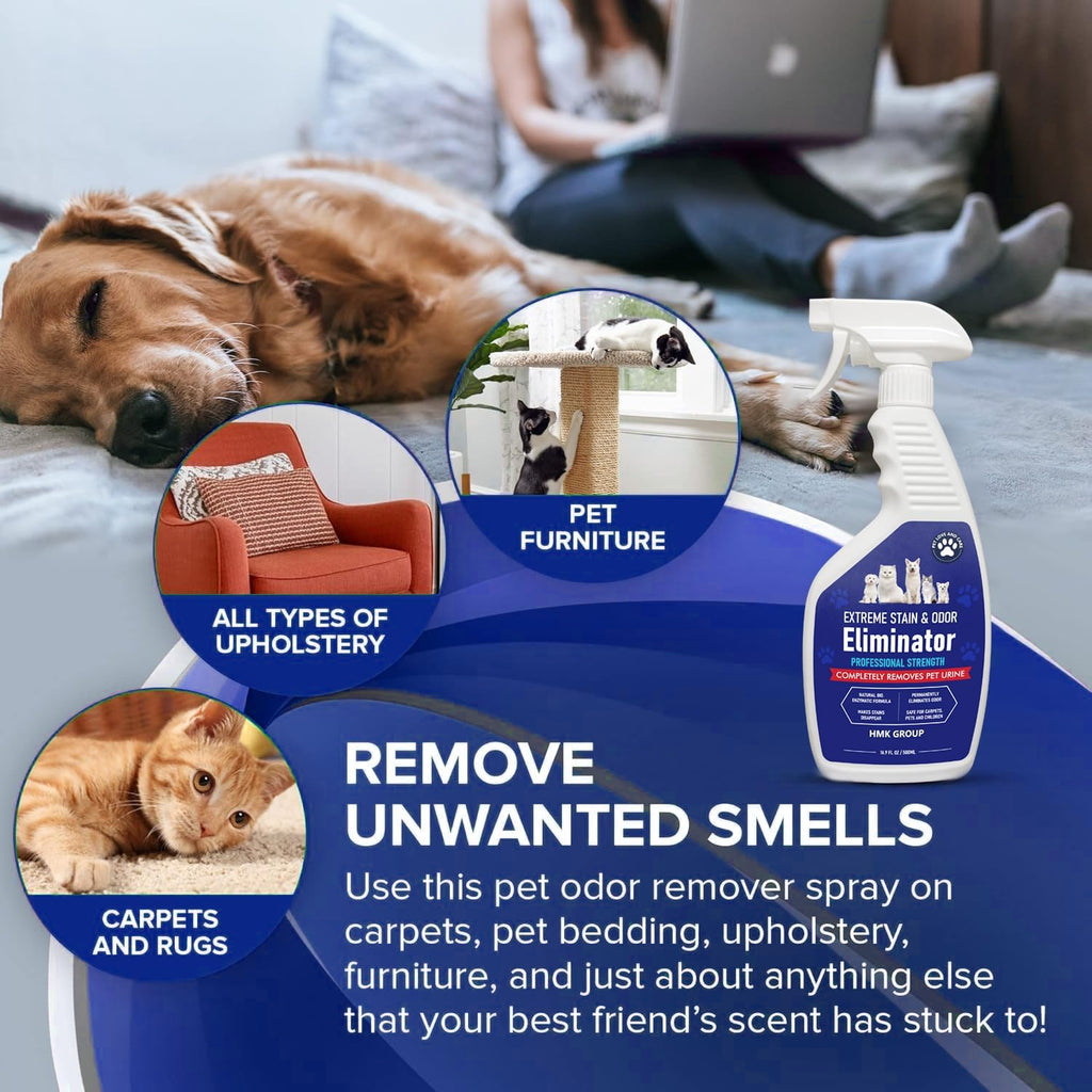 Extreme Stain & Odor Eliminator Professional Strength Deodorizing Spray for Pets odor and stain remover - Enzyme Formula for Tough Stains and Odors Cats & Dog Pee Feces Spot Cleaner Urine Destroyer