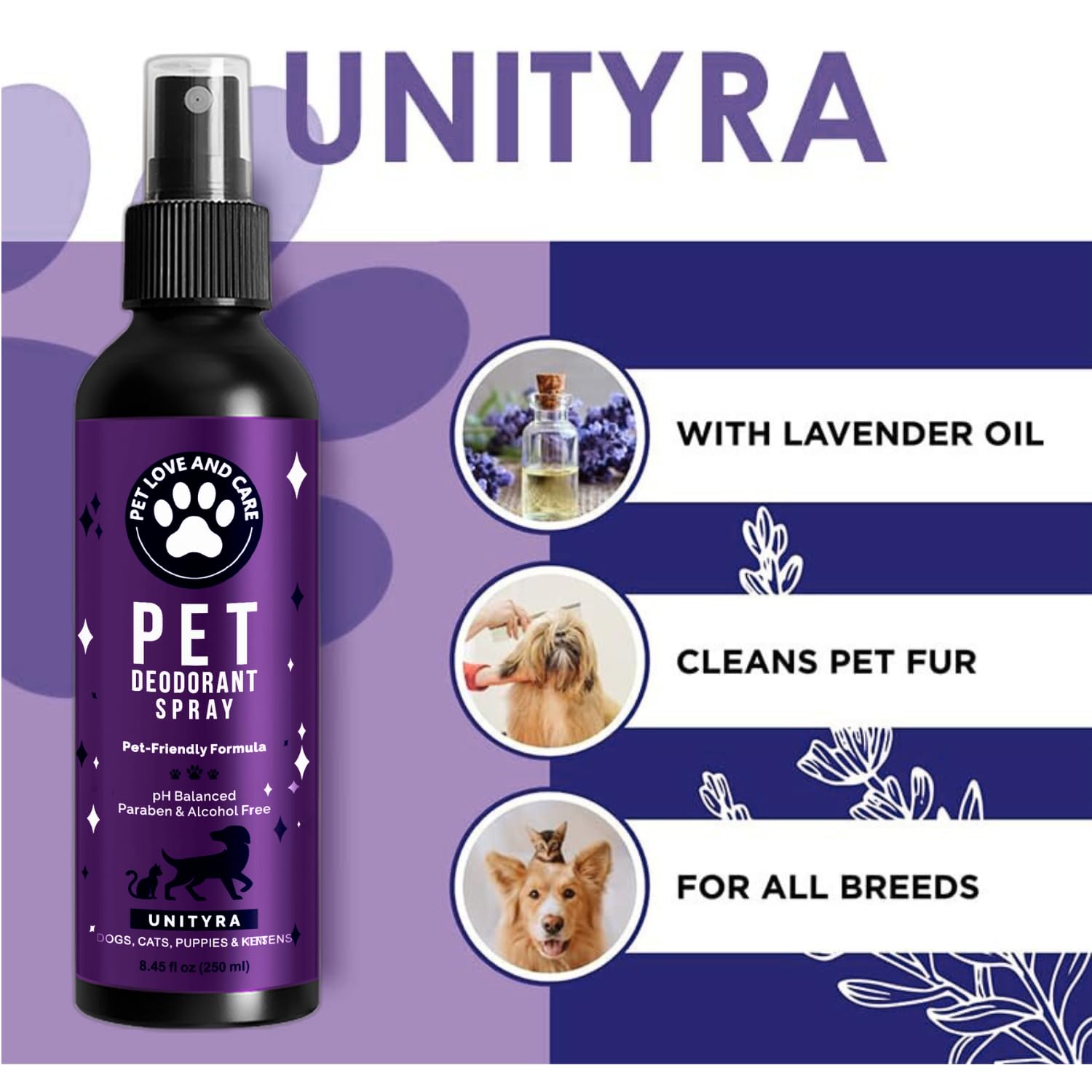 Pet Odor Eliminator Spray – Lavender Scent Deodorizer for Dogs & Cats – Helps Reduce Pet Odors Removes Urine & Litter Box Smells from Home, Carpet, Bedding & Furniture – 250ml