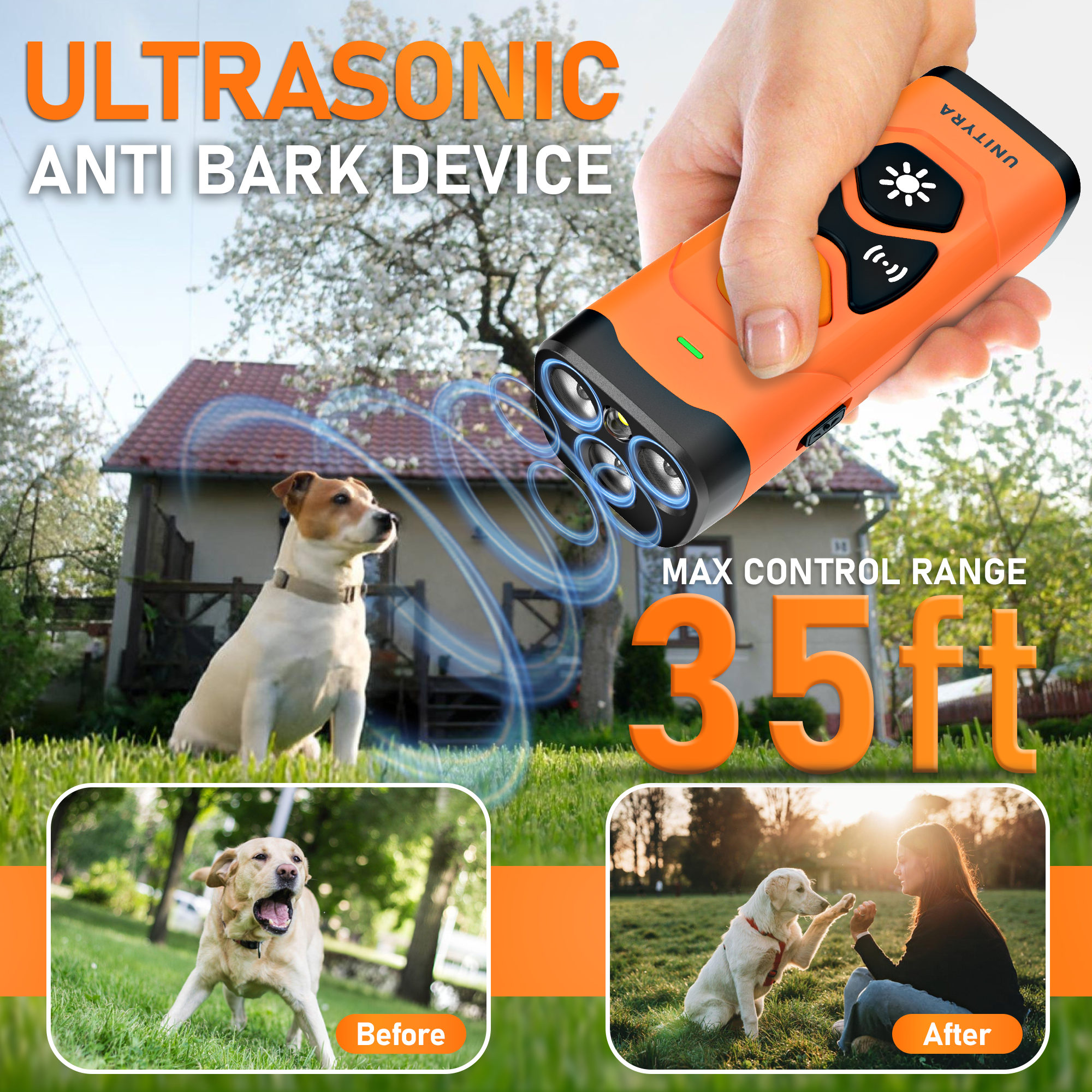 Dog Bark Deterrent Devices 3X Ultrasonic Anti Barking Device with 6 Training Modes 35FT Range Rechargeable & Humane Bark Control for Own or Neighbor’s Dog Indoor & Outdoor Use (Orange)