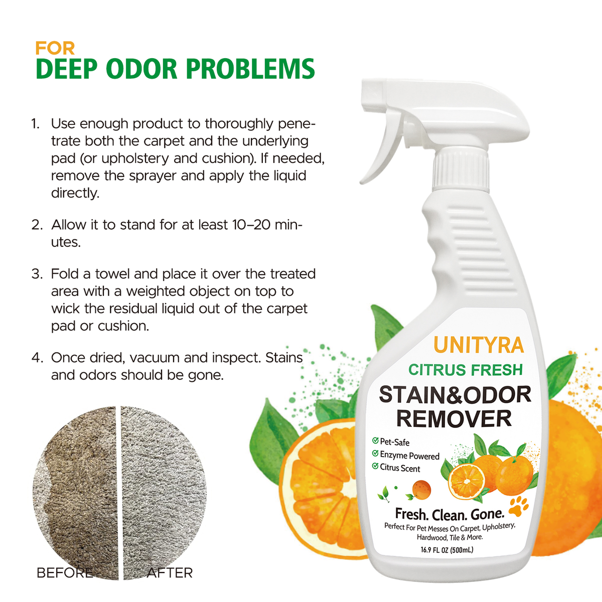 Pet Deodorizer Spray – Citrus Scent Stain & Odor Eliminator for Dogs & Cats | Removes Urine, Pee & Litter Box Smell | Pet Stain & Odor Remover for Home floor, Carpet, Furniture & Kennels 500ml