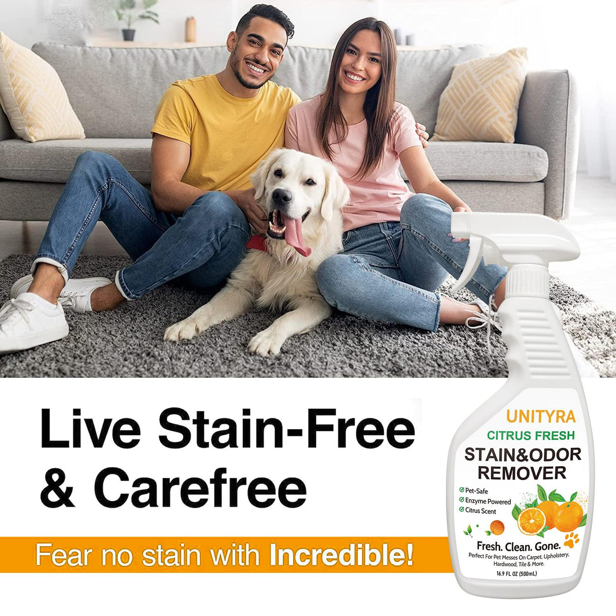 Pet Deodorizer Spray – Citrus Scent Stain & Odor Eliminator for Dogs & Cats | Removes Urine, Pee & Litter Box Smell | Pet Stain & Odor Remover for Home floor, Carpet, Furniture & Kennels 500ml