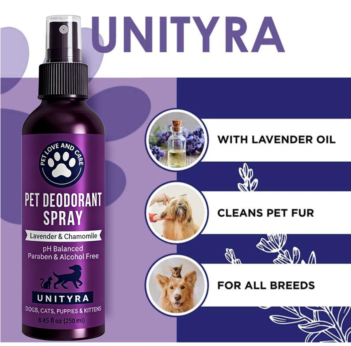 Lavender Dog Deodorant Spray – Calming & Odor Control Spray for Smelly Dogs, Puppies & Cats – Natural Pet Grooming, Deodorizer & Detangler spray– with Lavender Essential Oil 250ml
