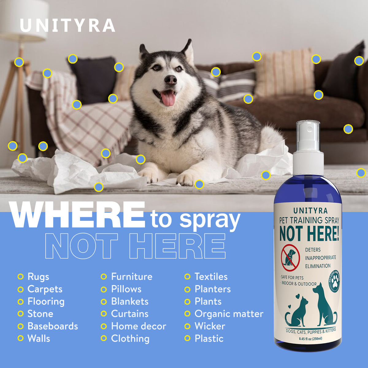 Not Here! Pet Deterrent Spray for Dogs Cats Puppies & Kittens – Stops Peeing Pooping & Marking – Anti Chew Pee Repellent – Indoor Outdoor Training Spray for Furniture Carpet & Floors