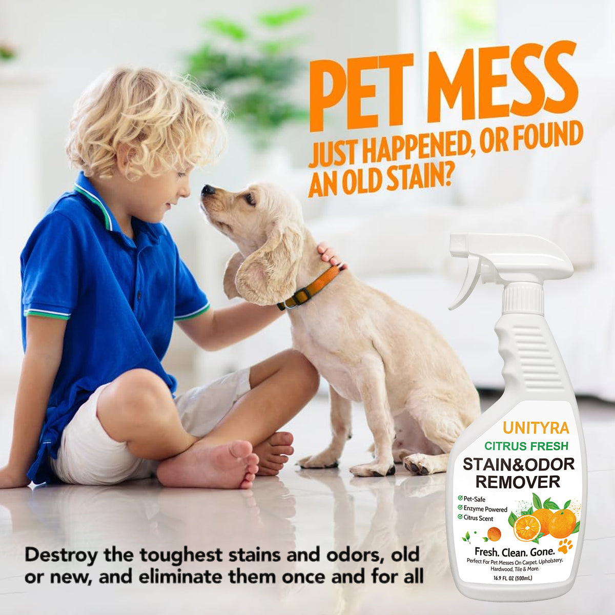 Pet Deodorizer Spray – Citrus Scent Stain & Odor Eliminator for Dogs & Cats | Removes Urine, Pee & Litter Box Smell | Pet Stain & Odor Remover for Home floor, Carpet, Furniture & Kennels 500ml